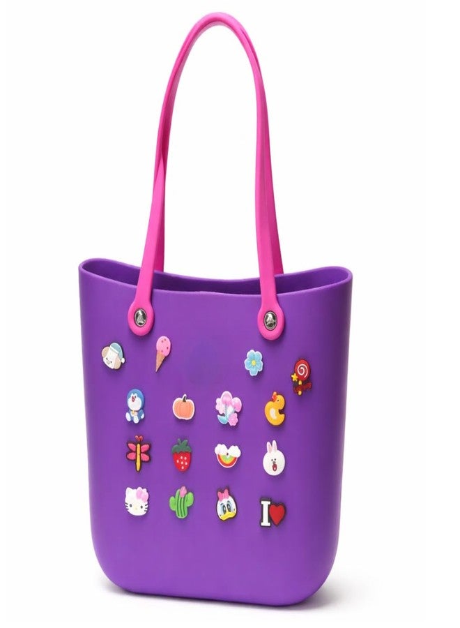 RAMNATH IMPEX Trendy Fashion Purple EVA Rubber Tote Bag for Women & Girls | Soft, Waterproof Lightweight Rubber Handbag with Cartoon Charms | Stylish Shoulder Carry Bag for College, Shopping, Travel & Casual Use. - Image 1